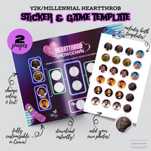 Load image into Gallery viewer, Y2K Millennial 2000s Birthday Party Game, 2000s Heartthrob Game & Sticker Template, Canva Template, DIY Template, Custom Magazine