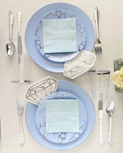 Load image into Gallery viewer, Blue &amp; Silver Patterned Plastic Dessert Plates (Set of 10)

