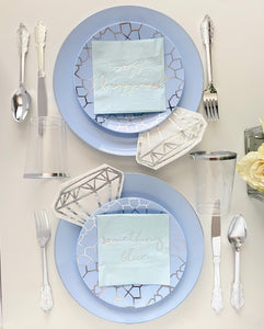 Blue & Silver Patterned Plastic Dessert Plates (Set of 10)